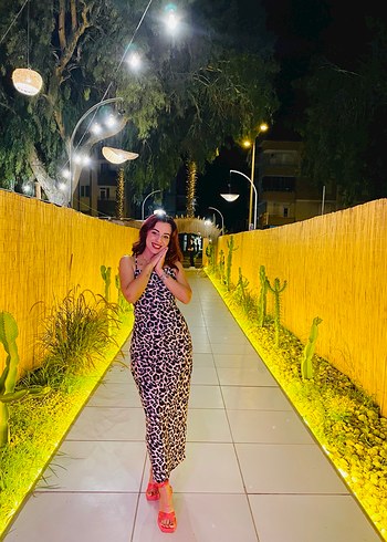 Leopar Desenli Sarı Uzun Elbise - Görsel 4