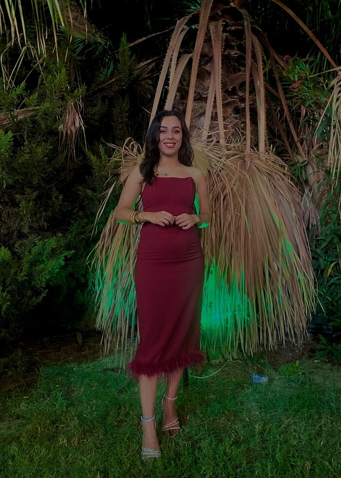 Bordo Tüylü kalem elbise - Görsel 3