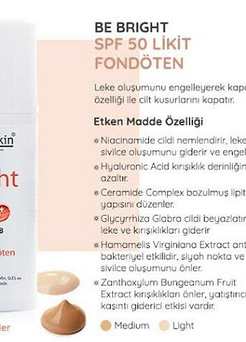Beden Güneş Kremi Dermoskin Be Bright SPF50+ Likit Fondöten Light 33 m