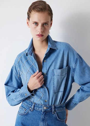 xs Beden Taşlı Mavi Denim Jean Kadın Gömlek