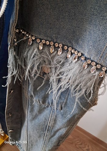 m Beden Gri Mavi Denim Kolsuz Ceket