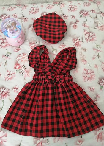 Kırmızı Ekoseli Kız Çocuk Elbisesi ve Şapka - Görsel 6