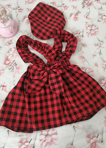 Kırmızı Ekoseli Kız Çocuk Elbisesi ve Şapka - Görsel 3