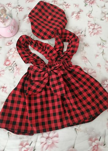 Kırmızı Ekoseli Kız Çocuk Elbisesi ve Şapka - Görsel 9