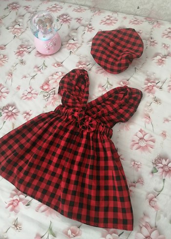 Kırmızı Ekoseli Kız Çocuk Elbisesi ve Şapka - Görsel 7