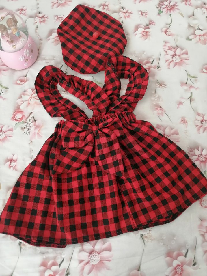 Kırmızı Ekoseli Kız Çocuk Elbisesi ve Şapka - Görsel 3
