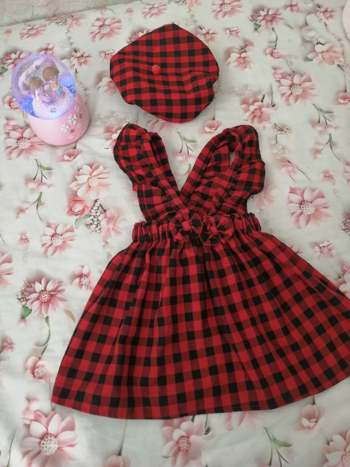 Kırmızı Ekoseli Kız Çocuk Elbisesi ve Şapka - Görsel 2