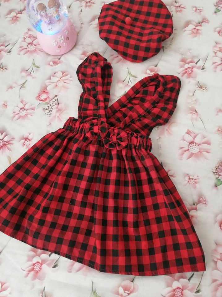 Kırmızı Ekoseli Kız Çocuk Elbisesi ve Şapka - Görsel 4