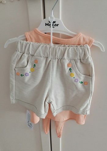 Pembe Nakışlı Kız Bebek Kolsuz Şortlu Takım - Görsel 6