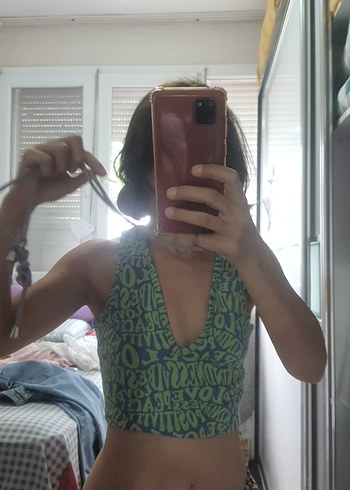River Island Yazlik Yesil Desenli V Yaka Crop Top