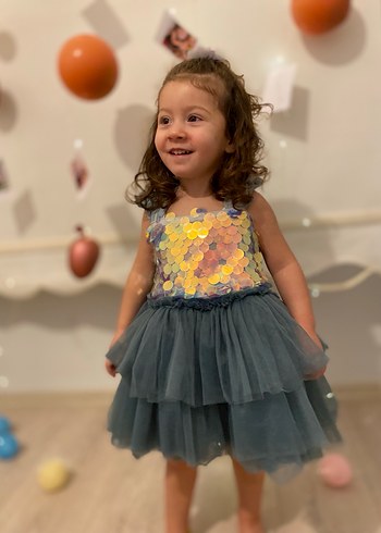 Kız Çocuk Gri Tül Detaylı Abiye Elbise - Görsel 3