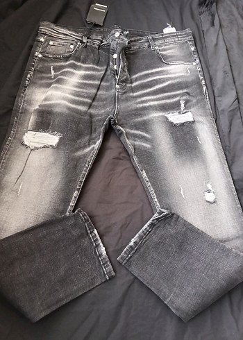 Erkek Koyu Mavi Baskılı Dar Paça Kot Pantolon - Görsel 3