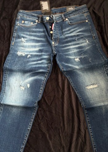 Erkek Koyu Mavi Baskılı Dar Paça Kot Pantolon - Görsel 5