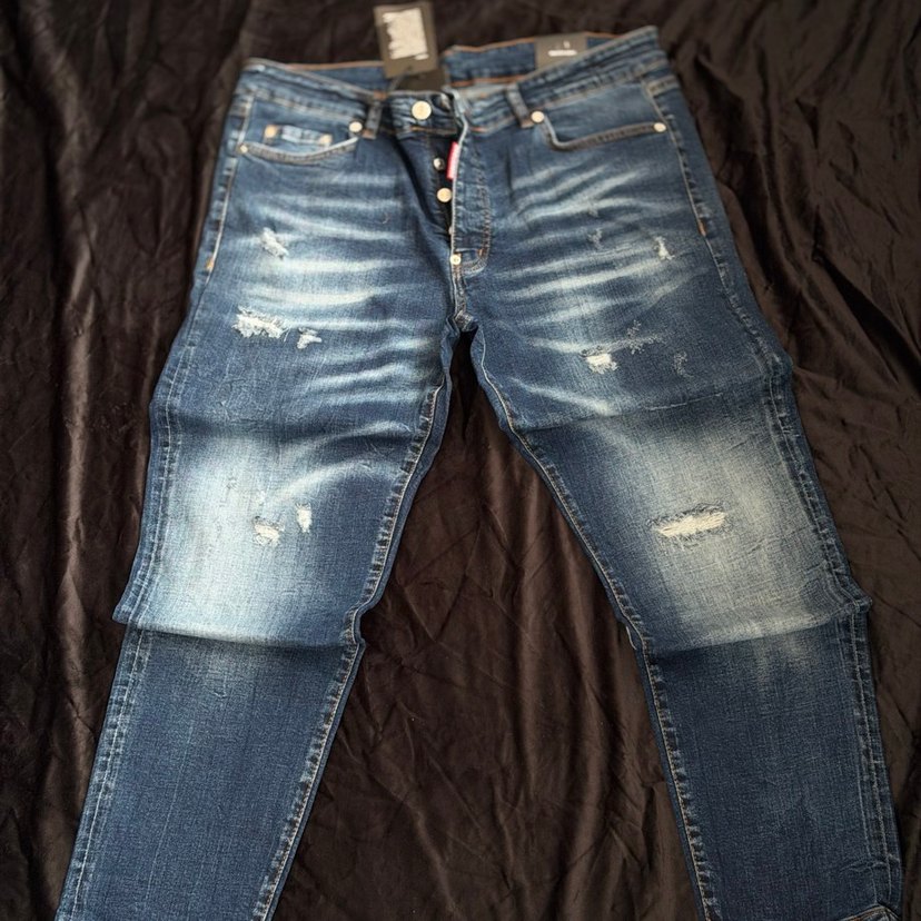 Erkek Koyu Mavi Baskılı Dar Paça Kot Pantolon - Görsel 5