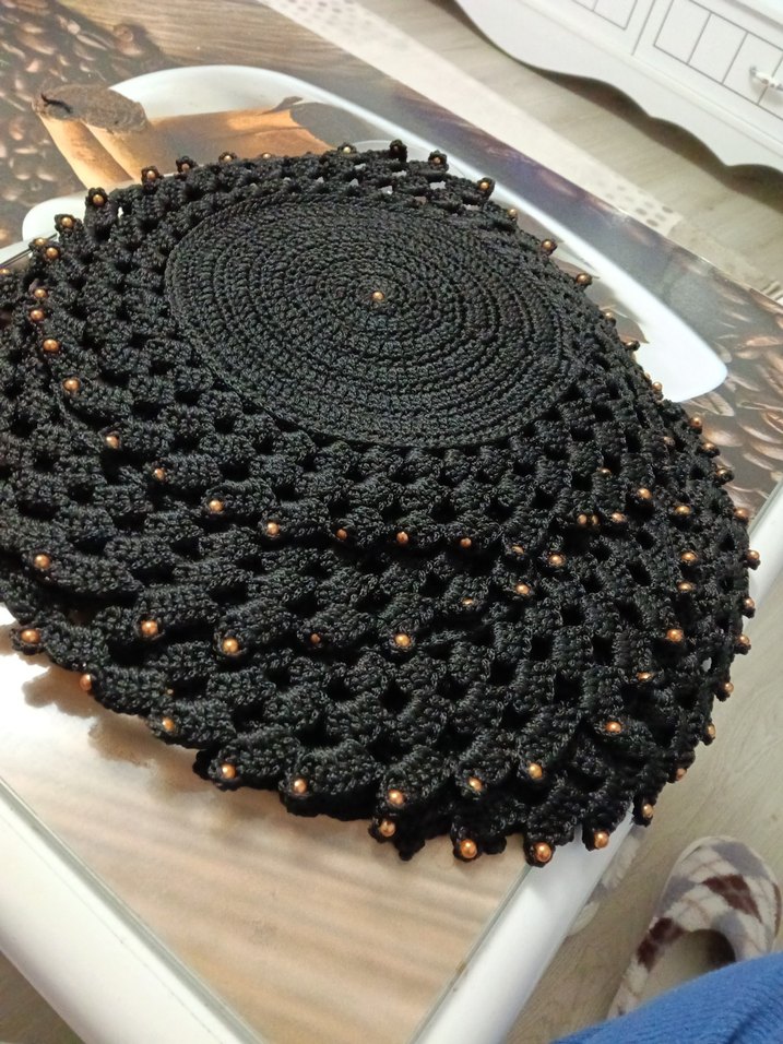 Boncuk detaylı siyah el yapımı dantel seti - Görsel 4