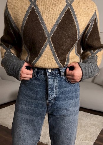 Zara Retro Argyle Desenli Bej Kahverengi Triko Kazak