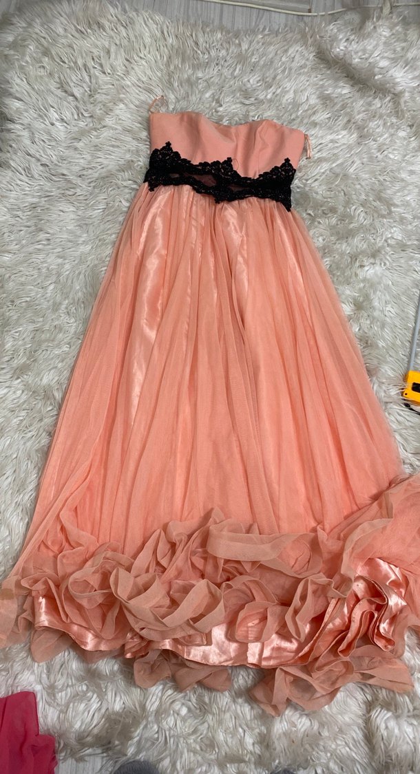 Pudra şifon siyah işlemeli tül detaylı şık uzun abiye - Görsel 2