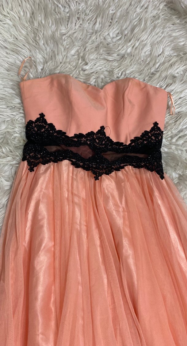 Pudra şifon siyah işlemeli tül detaylı şık uzun abiye - Görsel 3