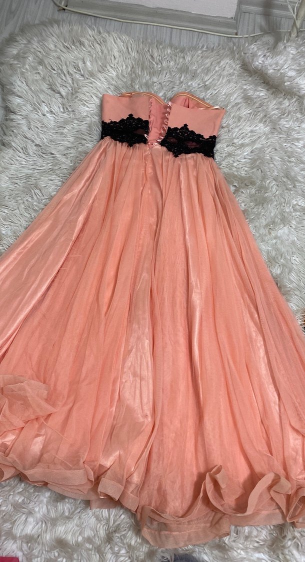 Pudra şifon siyah işlemeli tül detaylı şık uzun abiye - Görsel 5