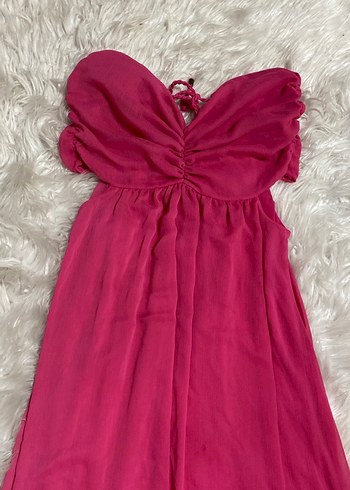 Pembe şifon Straplez Uzun Elbise bel dekolteli
