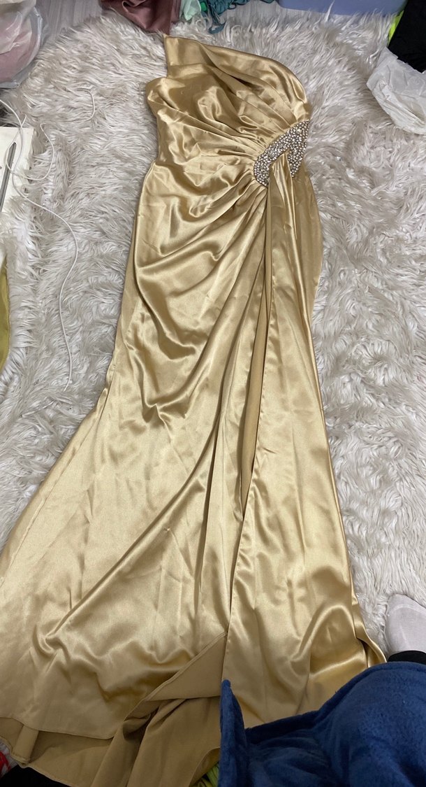 Drapeli Straplez Uzun sten taş işlemeli  Abiye Elbise - Görsel 2