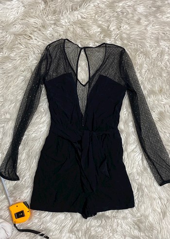 Uzun Kollu Siyah tül detaylı kısa tulum - Görsel 2