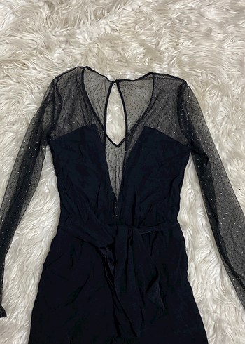 Uzun Kollu Siyah tül detaylı kısa tulum - Görsel 3