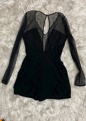 Uzun Kollu Siyah tül detaylı kısa tulum - Görsel 4