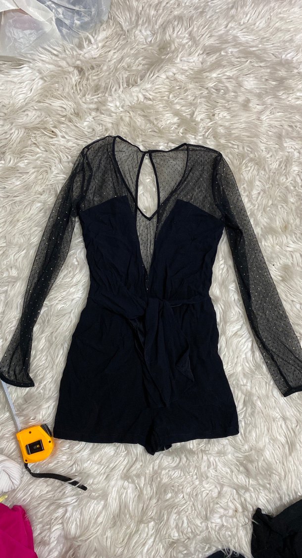 Uzun Kollu Siyah tül detaylı kısa tulum - Görsel 2