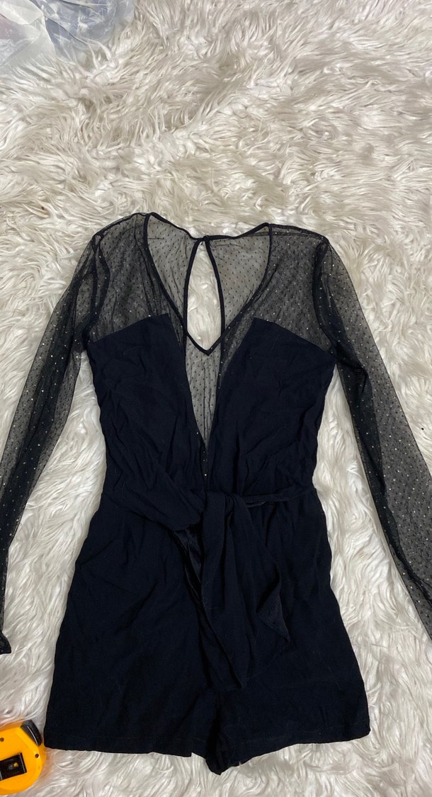 Uzun Kollu Siyah tül detaylı kısa tulum - Görsel 3