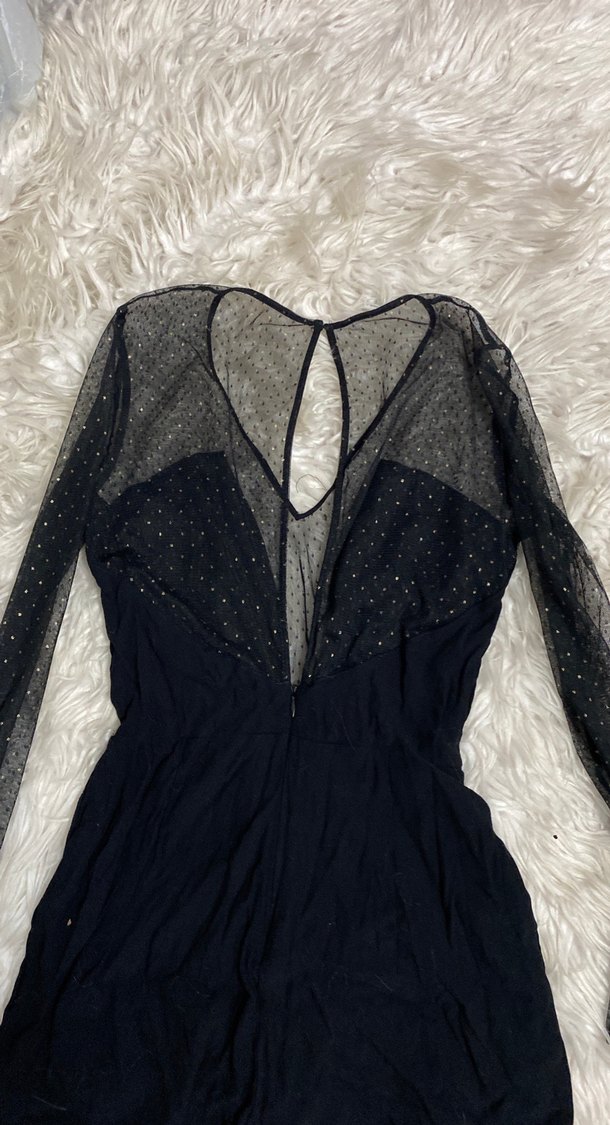 Uzun Kollu Siyah tül detaylı kısa tulum - Görsel 5