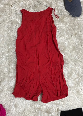 Kırmızı mat sten degaje yaka kısa tulum - Görsel 2