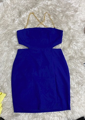 Zincir Detaylı Straplez Mini Mavi Abiye Elbise - Görsel 5