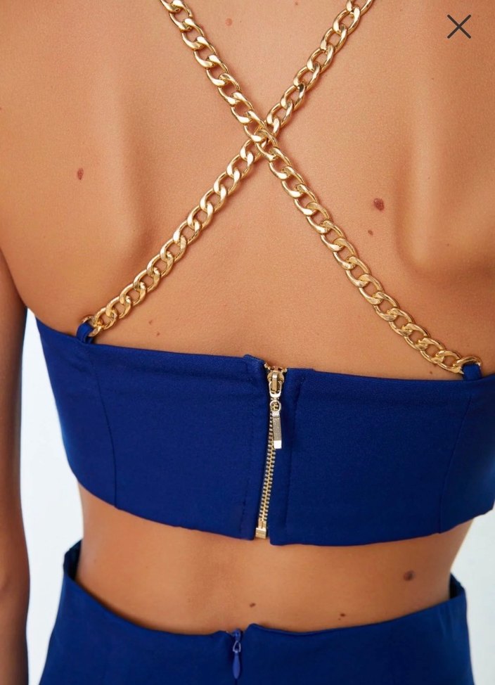 Zincir Detaylı Straplez Mini Mavi Abiye Elbise - Görsel 4