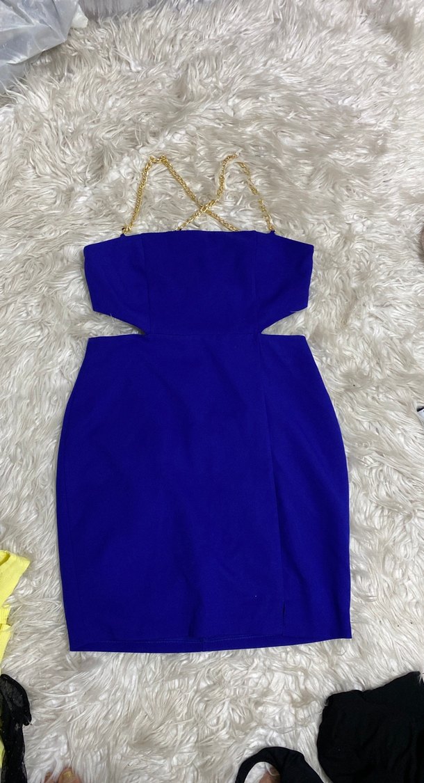 Zincir Detaylı Straplez Mini Mavi Abiye Elbise - Görsel 5