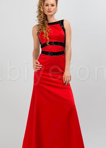 Kırmızı sten  Uzun Abiye Elbise - Görsel 2