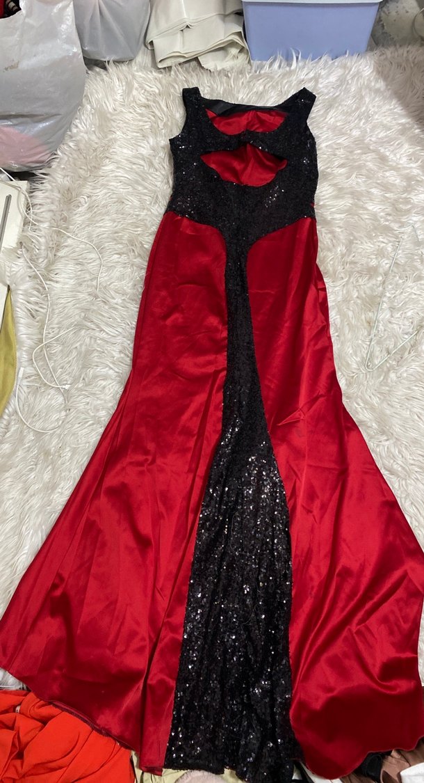 Kırmızı sten  Uzun Abiye Elbise - Görsel 5