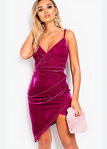 Pembe kadife Drapeli kırveze şık Mini Elbise - Görsel 2