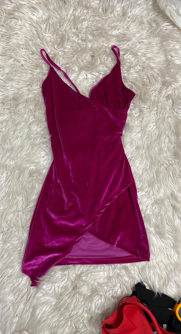 Pembe kadife Drapeli kırveze şık Mini Elbise - Görsel 3