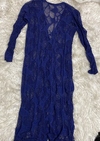 Bohem Uzun Kollu Mavi Örgü Kadın plaj Elbise - Görsel 3