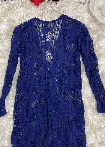 Bohem Uzun Kollu Mavi Örgü Kadın plaj Elbise - Görsel 2