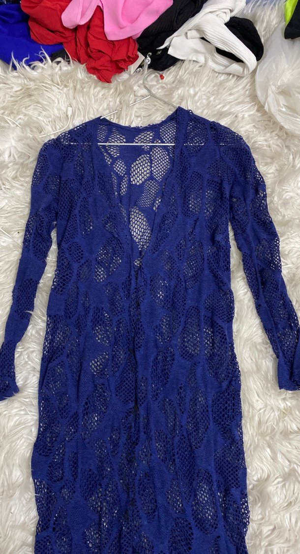 Bohem Uzun Kollu Mavi Örgü Kadın plaj Elbise - Görsel 2