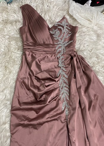 Pudra Drapeli tek omuz sten parlak işlemeli Uzun Abiye Elbise - Görsel 2