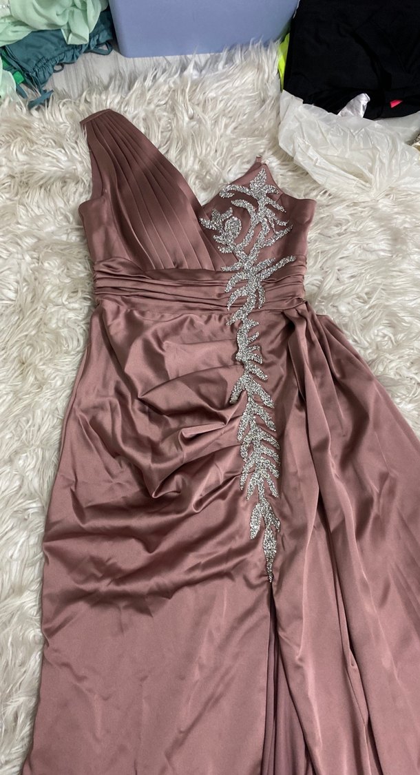 Pudra Drapeli tek omuz sten parlak işlemeli Uzun Abiye Elbise - Görsel 2