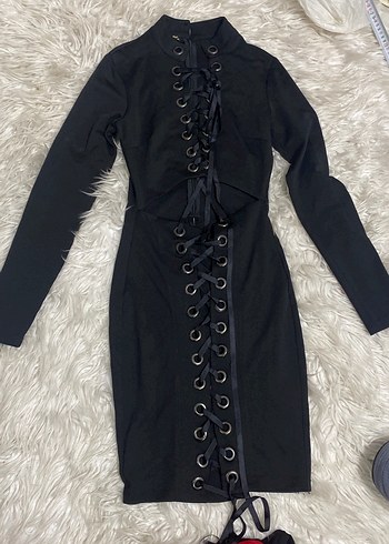 Siyah kuş gözü detaylı gotik  Mini Elbise - Görsel 3