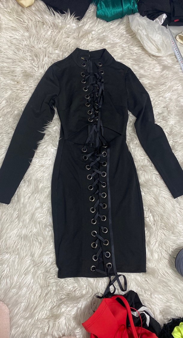 Siyah kuş gözü detaylı gotik  Mini Elbise - Görsel 3