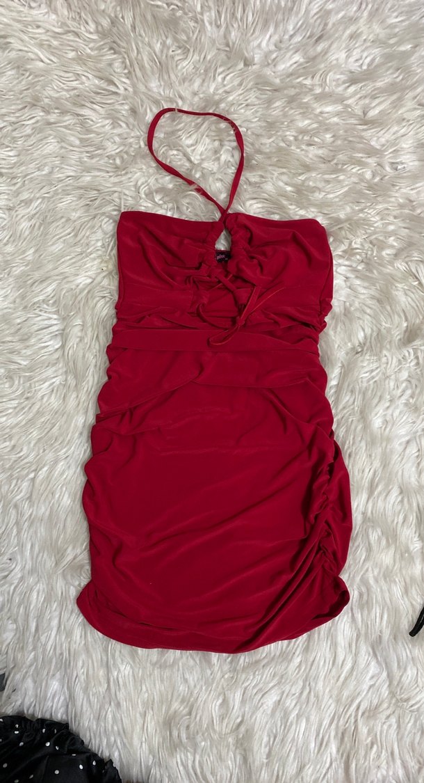 Kırmızı Drapeli V Yaka Mini Elbise - Görsel 2