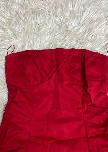 Kırmızı Drapeli  keten straplez Mini Elbise - Görsel 3