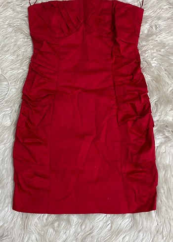 Kırmızı Drapeli  keten straplez Mini Elbise - Görsel 2