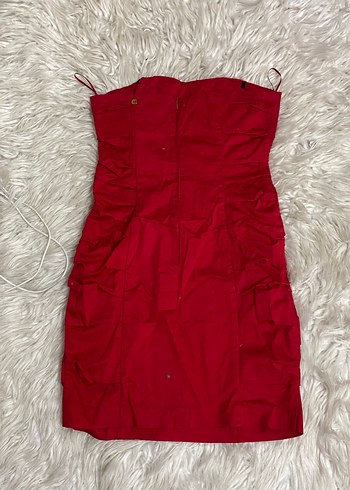 Kırmızı Drapeli  keten straplez Mini Elbise - Görsel 5